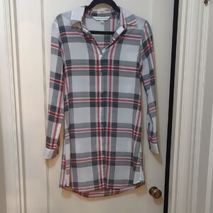 White and Red Plaid Button-Up Shirtdress